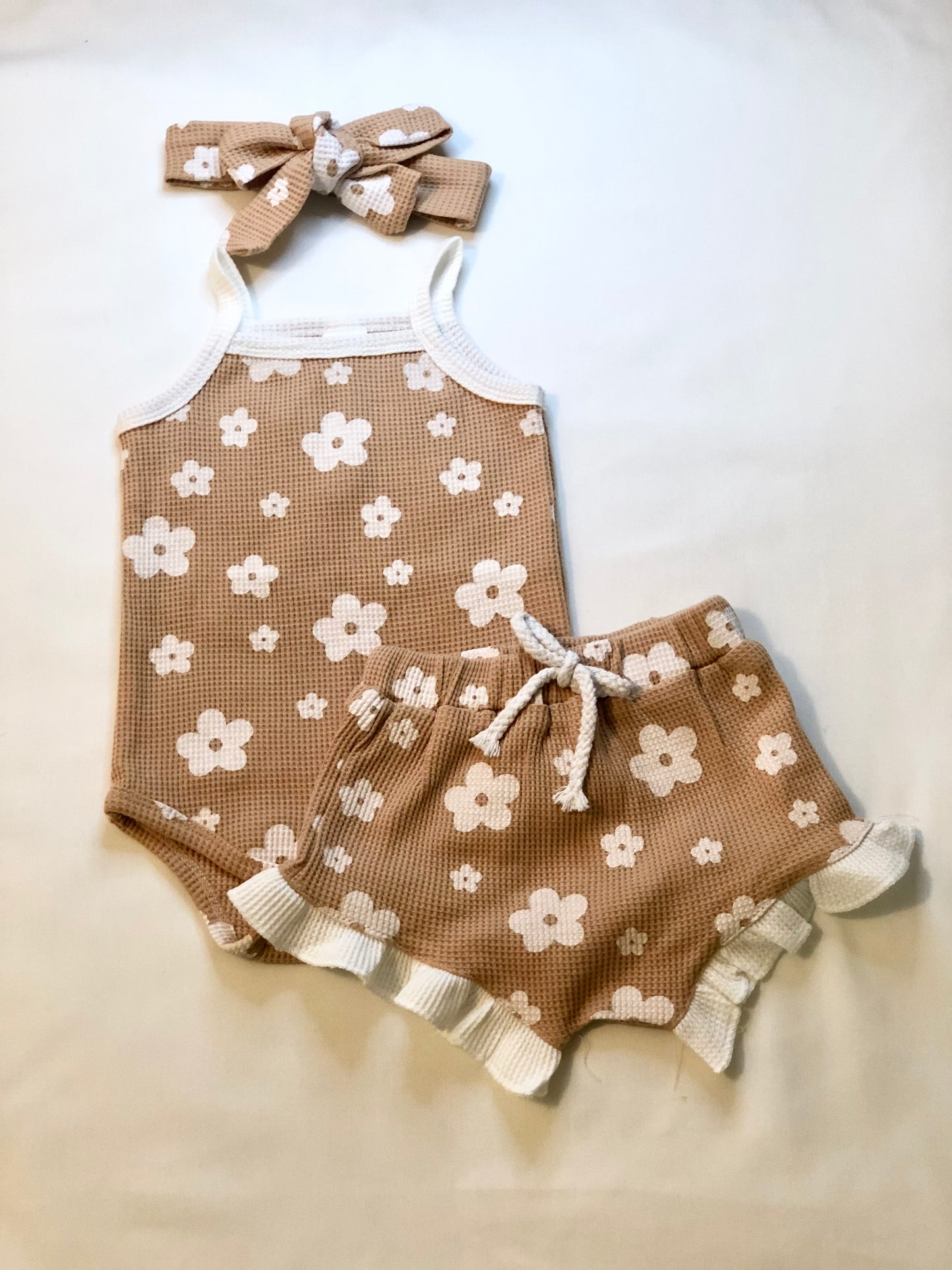3 pc Apricot Waffle Floral Onesie Set