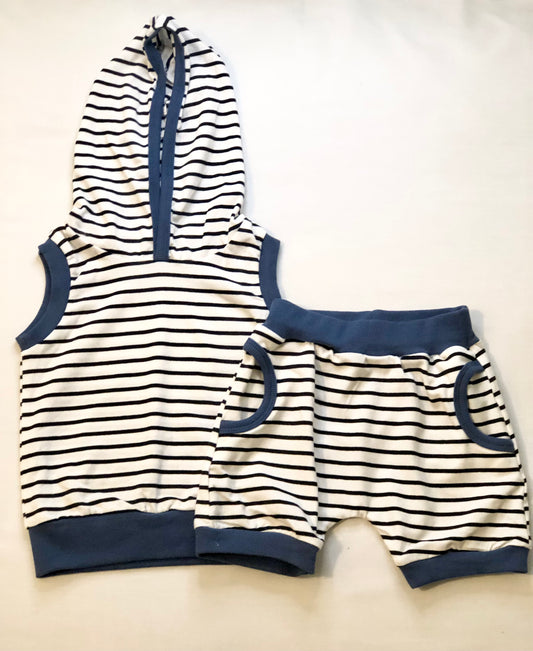 Striped Sleeveless Short Set- Navy Blue and White